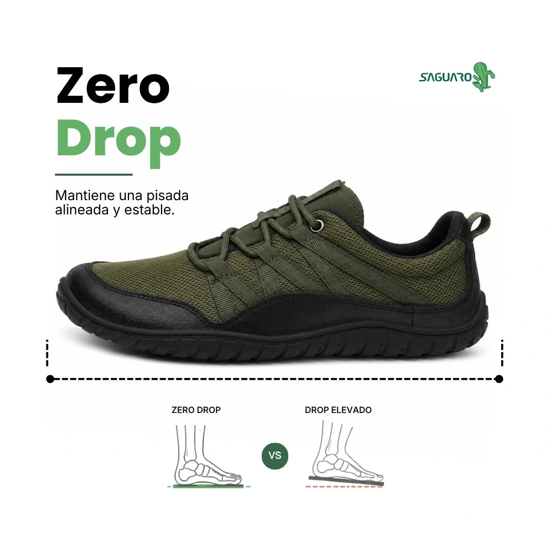 Primer plano del tejido técnico resistente de zapatilla outdoor verde.