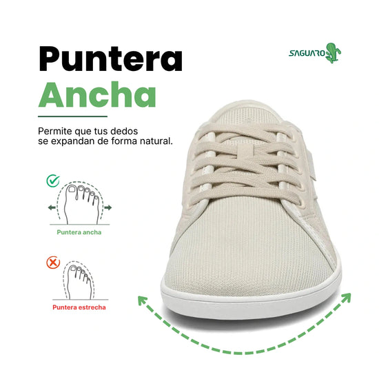 Zapatilla barefoot urbana frontal color crema, suela delgada.